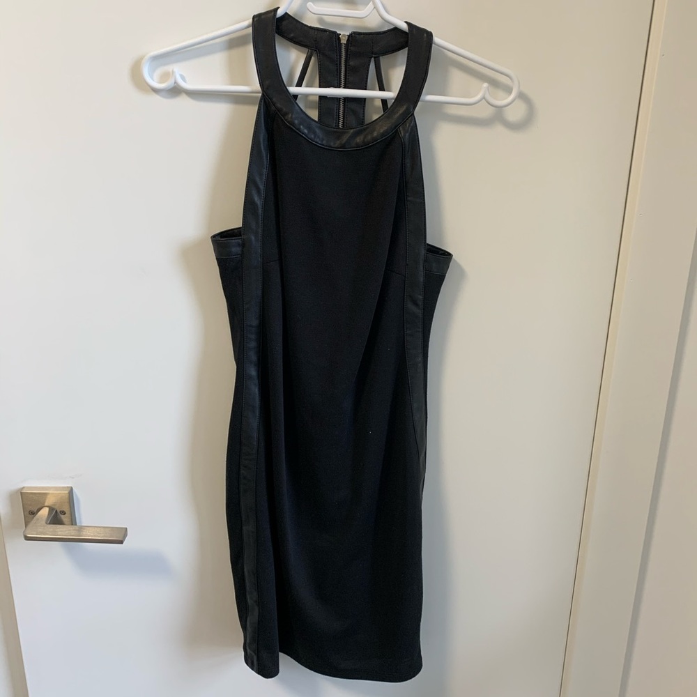 Aqua black dress with faux leather trim